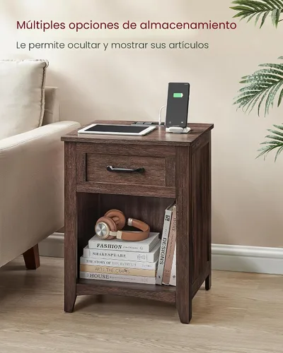 Vista 5 de VASAGLE Colección LIRY - Mesita de noche de granja con estación de carga, mesa de cabecera, mesa auxiliar con cajón, compartimento abierto