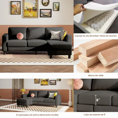 Vista 4 de Sofá modular pequeño de 73 pulgadas con diván reversible, sofá de tela de lino en forma de L con marco de roble macizo y hierro, cojín de asiento