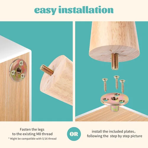 Vista 4 de Juego de 4 patas redondas de madera maciza de 3 pulgadas para muebles, sofá cama, silla de café, escritorio, patas rectas con pernos preperforados