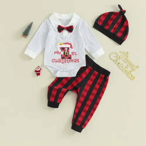Vista 2 de My First Christmas - Conjunto de mameluco para bebé recién nacido, caballero, mameluco, pantalones a cuadros, ropa de Navidad, My First Christmas
