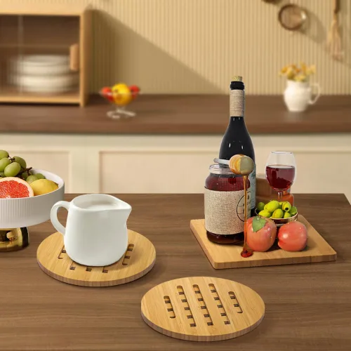 Vista 5 de Juego de salvamanteles de bambú para cocina, almohadillas calientes de bambú para platos calientes/cuencos/tetera/soportes para ollas calientes
