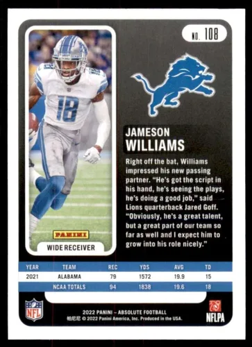 Vista 2 de 2022 Panini Absolute Retail #108 Jameson Williams RC Rookie Card Detroit Lions Official NFL Football Card in Raw (NM or Better) Condition