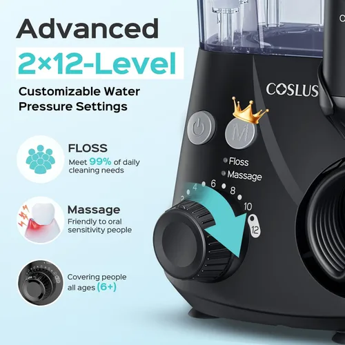Vista 4 de COSLUS Irrigador Dental Avanzado: 2 Modos y 12 Ajustes de Presión Eléctrico para Ortodoncia, Aparatos, Encías Sensibles - Uso Doméstico, 5 Puntas