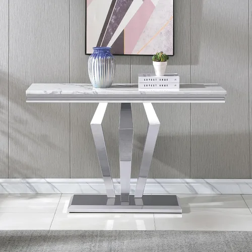 Vista 15 de Mesa auxiliar de mármol de 47 pulgadas, moderna mesa central de mármol sintético blanco con base de espejo dorado en forma de diamante, mesa Blanco