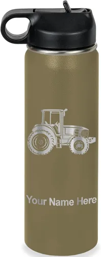 Vista 47 de LaserGram Botella de agua personalizada, tractor agrícola, acero inoxidable de doble pared aislada al vacío con popote superior, regalo grabado