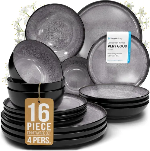 Vista 23 de Juego de vajilla de gres para 4 personas 12 piezas – Juego de platos y cuencos negros mate – Apto para lavavajillas, microondas y resistente a