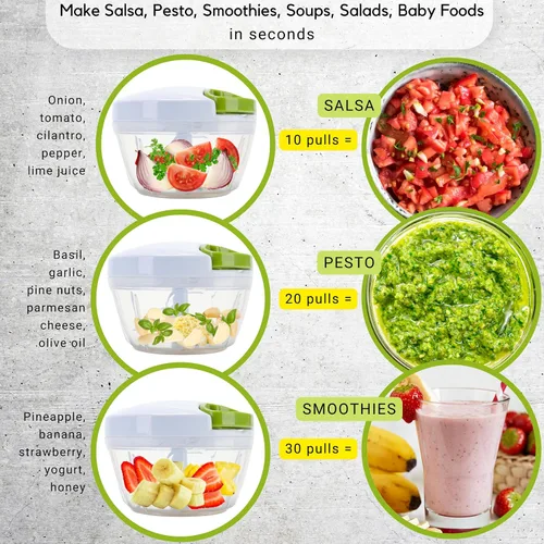 Vista 8 de Picador Brieftons Quickpull. Picador de alimentos: poderoso cortavegetales/picadora/licuadora manual para trocear frutas, verduras, frutos secos