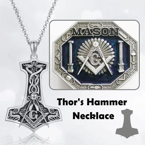 Vista 2 de MEIDERBO Collar de plata de ley 925 masónicovikingomartillo de Thor para hombre, colgante de cruz de Mjolnir masón, regalo de joyería para hombres