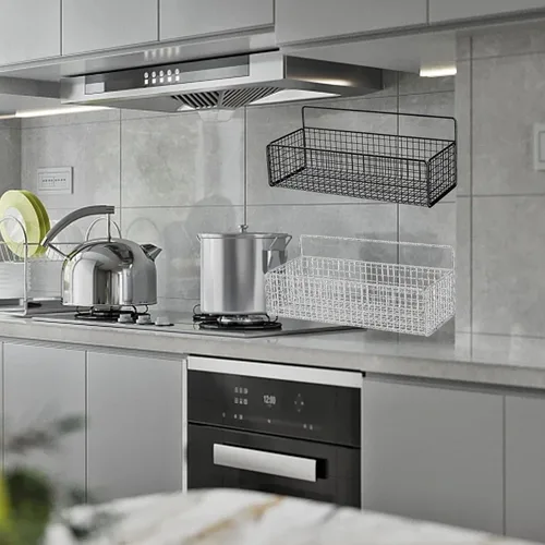 Vista 2 de Cestas colgantes de alambre de cocina, organizador de frutas negro para montaje en pared, sin perforaciones, soporte de metal pequeño para gabinete