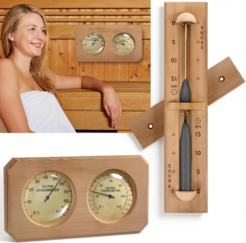 Vista 7 de Tellegloww Juego de 2 termómetros de sauna 2 en 1, higrómetro y temporizador de sauna, juego de arena Fahrenheit y Celsius hecho a mano de madera