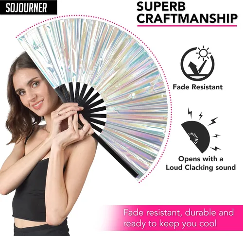 Vista 4 de Ventilador holográfico para rave, fanático del orgullo y ventilador de festivales, ventilador plegable grande para festivales, Halloween, burlesque
