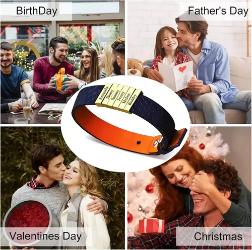 Vista 29 de Pulseras de cuero personalizadas para hombre con 1-6 nombres, pulsera trenzada personalizada con cuentas para papá, marido, día del padre, San