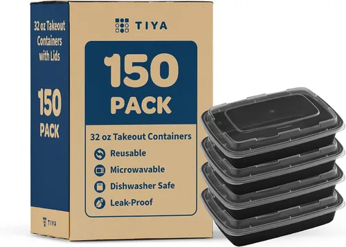 Vista 9 de TIYA - Contenedores de comida a granel de 16 onzas, paquete de 150 unidades con tapas, recipientes rectangulares de plástico para llevar