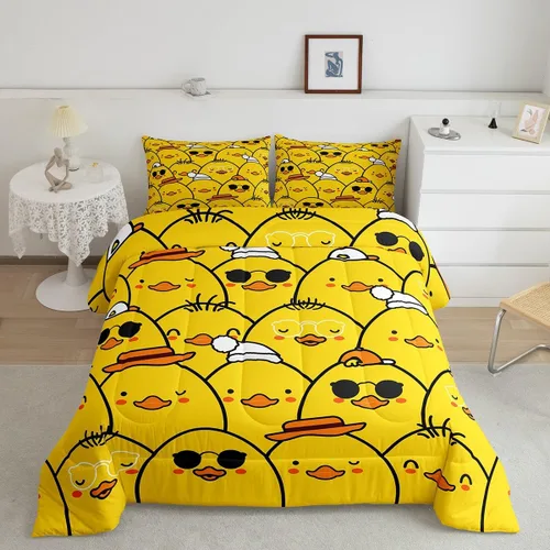 Vista 20 de Erosebridal Juego de ropa de cama a cuadros azul para niños, juego de cama individual con diseño de patos amarillos de dibujos animados, juego