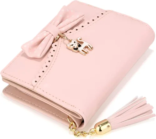 Vista 3 de UTO Cartera para niñas de piel sintética con colgante de gato con borla y cremallera, organizador de tarjetas para mujer, pequeño y lindo monedero