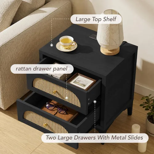 Vista 4 de KISLOT 22'' Rattan Night Stand with 2 Drawers, USB Charging Station