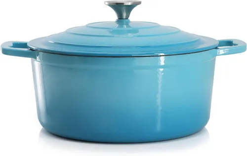 Vista 6 de MegaChef Cazuela redonda de hierro fundido esmaltado con tapa, 5 cuartos de galón, azul