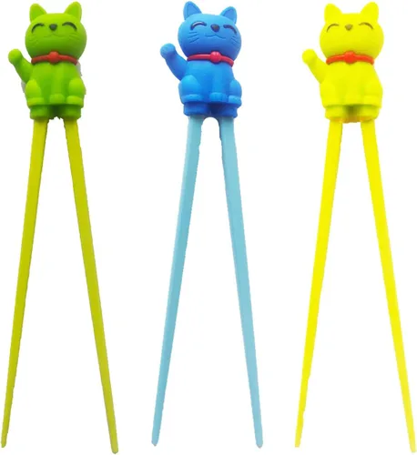 Vista 3 de Lindos palillos auxiliares de aprendizaje de vajilla para niños, principiantes y adultos (3 piezas, gato de la suerte)