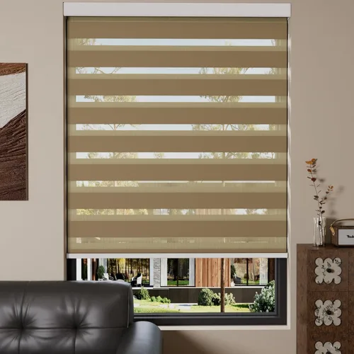 Vista 7 de MYshade Persianas enrollables de cebra opacas (85 %) con cordón para ventanas interiores, persianas de doble capa beige para dormitorio, baño, sala