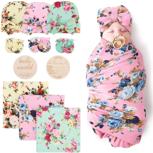 Vista 9 de DRESHOW BQUBO - Conjunto de gorro de algodón para bebé, manta para recién nacido, con orejas de oso, tarjeta de anuncio de nacimiento de madera