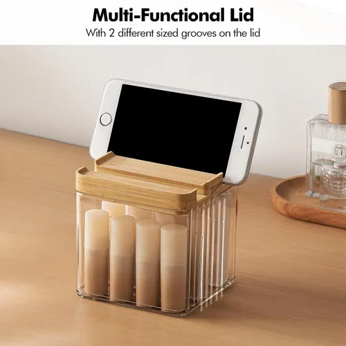 Vista 5 de Poeland Organizador de lápiz labial, caja de almacenamiento de escritorio con tapa y divisor, organizador de cosméticos para pintalabios, pequeños