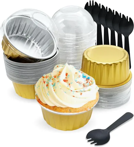 Vista 10 de Mini tazas de papel de aluminio para hornear cupcakes con tapas (30 unidades, 5 onzas), forros redondos de papel de aluminio para cupcakes, soporte