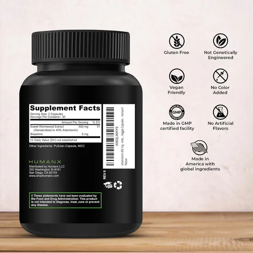 Vista 2 de HUMANX Artemisinina de 505 mg con bioperina para una mayor absorción, apoya el envejecimiento, la digestión y la inmunidad saludables, probado por