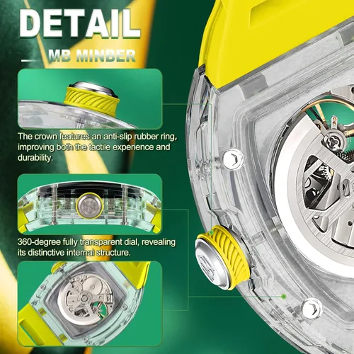Vista 6 de MINBER Reloj automático de esqueleto, esfera de 1.693 in con manecillas luminosas, reloj de cuerda automática, resistente al agua 3 ATM, plástico