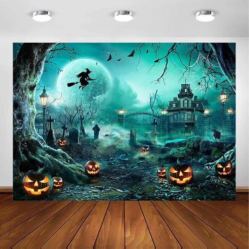 Vista 11 de Avezano Telón de fondo para fotografía de Halloween, luna llena, noche aterradora, castillo, calabazas, fondo de fiesta, espeluznante, bruja, Azul