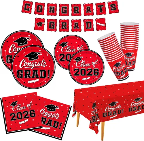 Vista 10 de Decoraciones de graduación de clase de 2026, juego de vajilla de fiesta de graduación de graduación negro y dorado, platos de papel desechables
