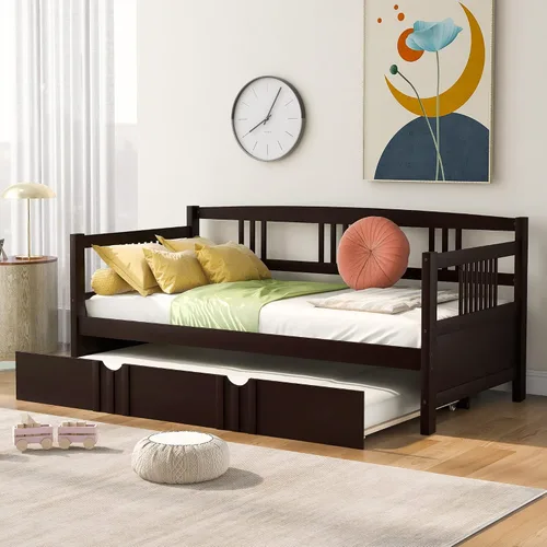 Vista 10 de Merax Sofá Cama Individual con Listones de Madera Soporte Sofá Cama Moderno para Sala de Estar con Rieles, Tamaño Individual, Espresso Oscuro