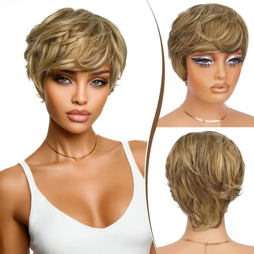 Vista 19 de RUWISS Peluca de cabello humano con corte Pixie, peluca de cabello humano con flequillo, peluca negra corta natural en capas, ondulada