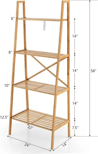 Vista 3 de Giantex Estantería de bambú de 4 niveles, estantes de almacenamiento multifuncionales con dispositivo antivuelco, estante de escalera de bambú