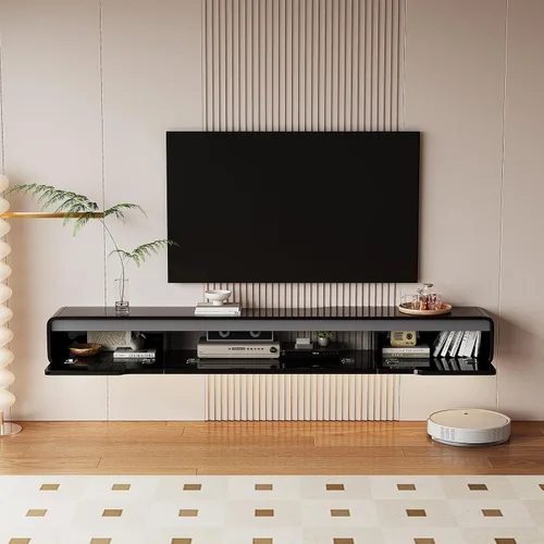 Vista 8 de FurniNova Soporte de TV flotante de alto brillo con 3 puertas, mueble de TV de 47'' montado en pared, consola bajo TV, estante de medios flotante