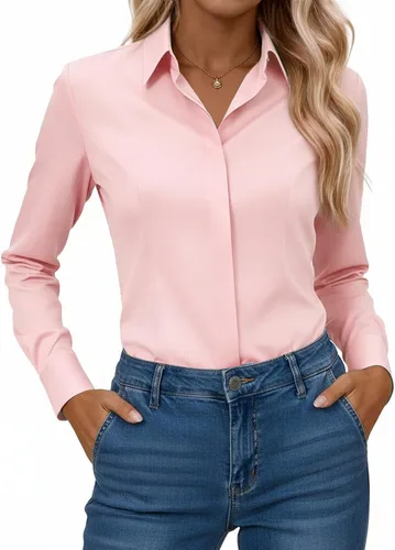 Vista 17 de Gleeivy Camisa con botones para mujer, solapa con botones ocultos, ligera, transpirable, resistente a las manchas, manga larga, trabajo e informal