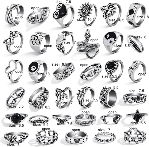Vista 6 de 17IF Juego de anillos grunge góticos de plata vintage para mujeres, hombres y niñas, gruesos, góticos, punk, apilables, ajustables, abiertos
