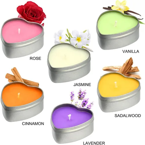 Vista 2 de Velas perfumadas de cera de soja con forma de corazón, 6 unidades Lata de viaje de metal plateado de 6 horas de tiempo de combustión para spa