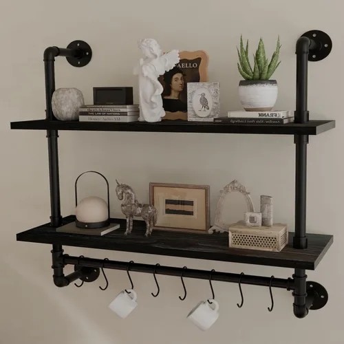 Vista 12 de ROGMARS - Estantería industrial de tuberías para baño, estantes flotantes negros de 24 pulgadas para baño con toallero y ganchos, estantes montados