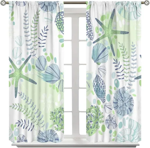 Vista 3 de Cortinas de decoración de playa con océano azul, peces náuticos costeros playeros de verano, conchas marinas, temática infantil, dormitorio, sala