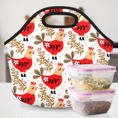 Vista 6 de Bolsa de almuerzo de neopreno con diseño de flores de pollo, suave, lavable, reutilizable, aislada, ligera, para preparación de comidas