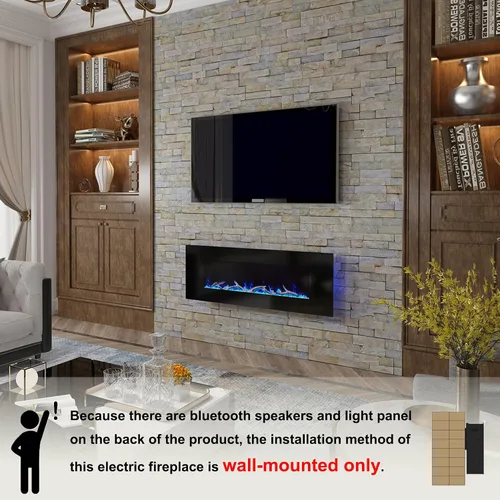 Vista 4 de Chimenea eléctrica de 50 pulgadas con altavoces de música montada en la pared de bajo ruido ultra fina chimenea lineal ajustable 8 colores de llama