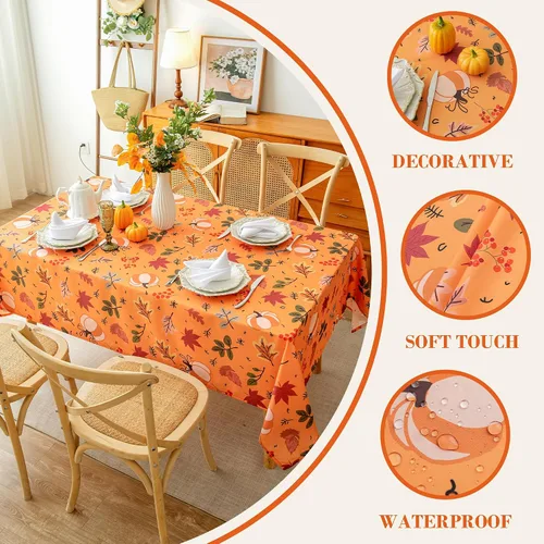 Vista 4 de Mantel impermeable de Acción de Gracias, estampado de calabazas, hojas de arce y bayas de cosecha de otoño, mantel rectangular de otoño para comedor