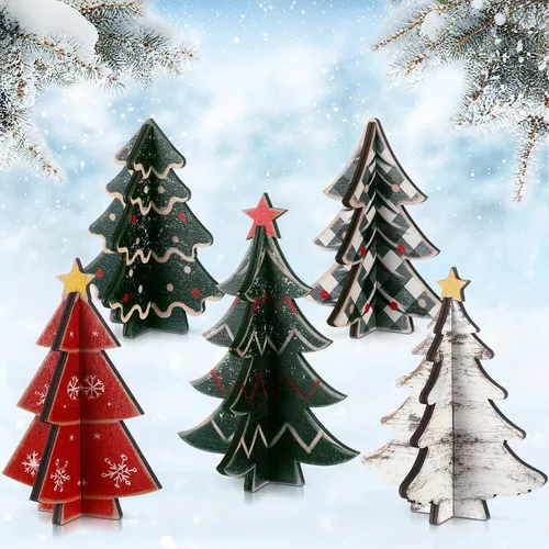 Vista 8 de Bucherry 5 piezas de árboles de Navidad de madera, decoraciones de mesa, árboles de Navidad rústicos 3D, centros de mesa de Navidad, letreros
