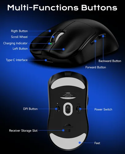 Vista 8 de VGN F1 Pro Max Lightspeed - Ratón inalámbrico para juegos con modo dual 2.4G/cable Type-C - Sensor 25K - 26,000 DPI - 55g de peso ligero - 6 botones