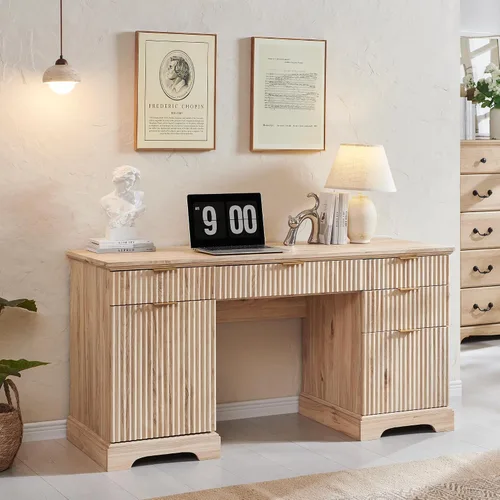Vista 14 de JXQTLINGMU Escritorio ejecutivo moderno de 58 pulgadas con almacenamiento, escritorio de madera para oficina en casa con 5 cajones y 1 gabinete