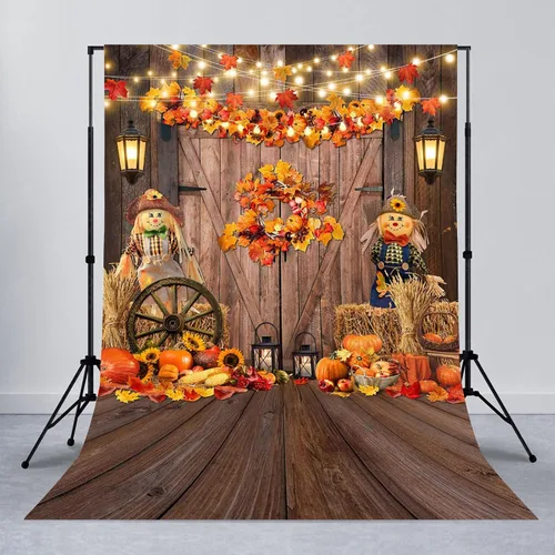 Vista 8 de Avezano Fondo de Acción de Gracias, hojas de arce, calabaza, puerta de granero, fotografía, pajar, espantapájaros, decoración de fiesta de baby
