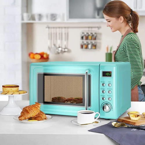 Vista 7 de Horno microondas retro, Safeplus de 0.7 pies cúbicos, microondas de 700 W con placa de acero laminado en frío, 5 micro descongelación y función