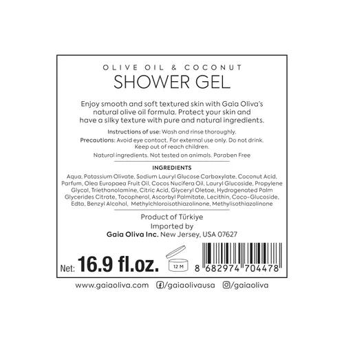 Vista 7 de GAIA Oliva Gel de ducha de aceite de oliva – Gel de ducha natural con coco, gel corporal hidratante e hidratante para mujeres y hombres, gel de baño