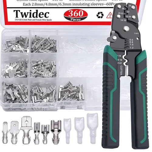 Vista 9 de Twidec/360Pcs 2.8/4.8/6.3mm Kit surtido de terminales de engarce rápido con conectores de pala macho y hembra, bloque de terminales de engarce
