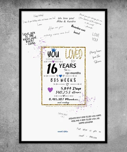 Vista 5 de Póster de libro de invitados para fiesta de cumpleaños número 16, pancarta de decoración de centro de mesa para mujeres u hombres que cumplen 16